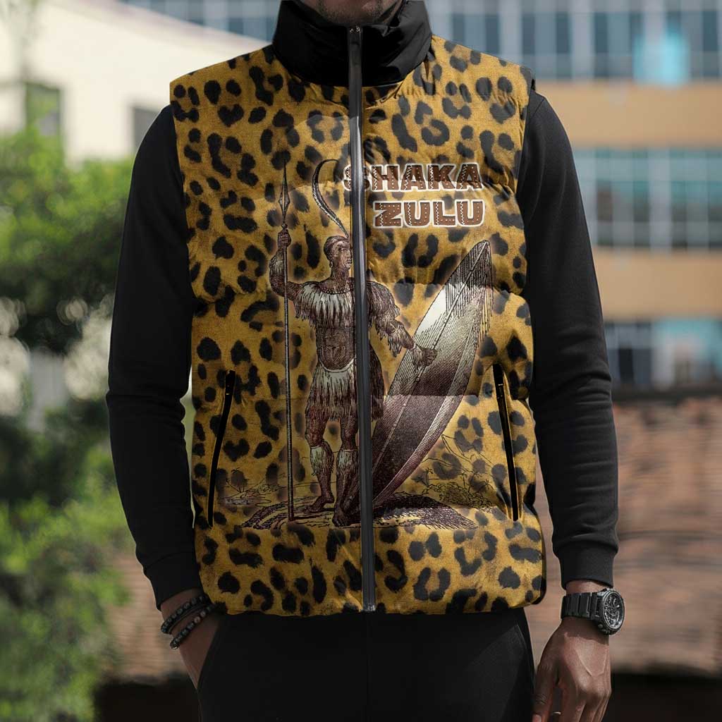 Shaka Zulu Sleeveless Puffer Jacket Leopard Print Design Traditional Warrior Spear and Shield Illustration Tribal King - African Pride