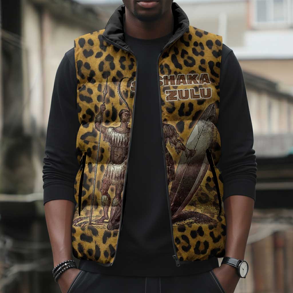 Shaka Zulu Sleeveless Puffer Jacket Leopard Print Design Traditional Warrior Spear and Shield Illustration Tribal King - African Pride