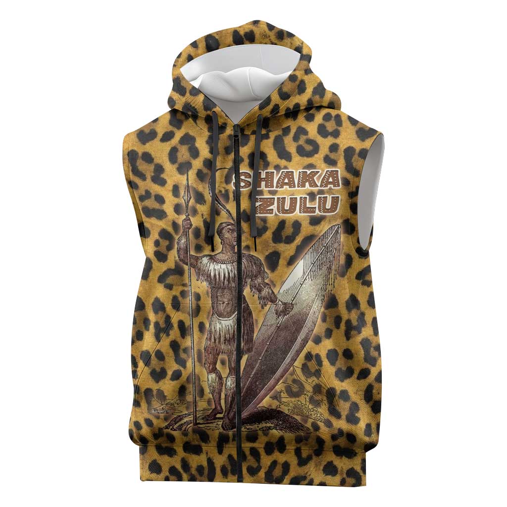 Shaka Zulu Sleeveless Zip Hoodie Leopard Print Design Traditional Warrior Spear and Shield Illustration Tribal King - African Pride