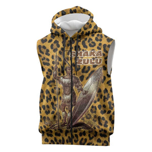 Shaka Zulu Sleeveless Zip Hoodie Leopard Print Design Traditional Warrior Spear and Shield Illustration Tribal King - African Pride