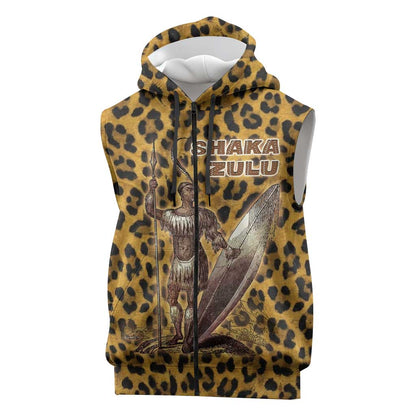 Shaka Zulu Sleeveless Zip Hoodie Leopard Print Design Traditional Warrior Spear and Shield Illustration Tribal King - African Pride