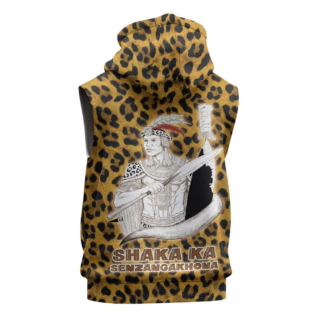 Shaka Zulu Sleeveless Zip Hoodie Leopard Print Design Traditional Warrior Spear and Shield Illustration Tribal King - African Pride