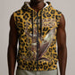 Shaka Zulu Sleeveless Zip Hoodie Leopard Print Design Traditional Warrior Spear and Shield Illustration Tribal King - African Pride