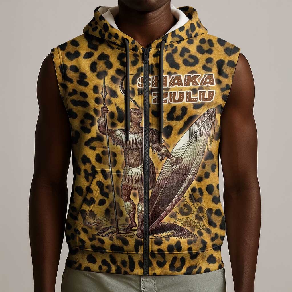 Shaka Zulu Sleeveless Zip Hoodie Leopard Print Design Traditional Warrior Spear and Shield Illustration Tribal King - African Pride