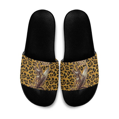 Shaka Zulu Slide Sandals Leopard Print Design Traditional Warrior Spear and Shield Illustration Tribal King - African Pride