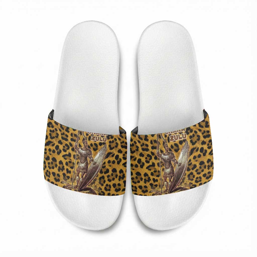 Shaka Zulu Slide Sandals Leopard Print Design Traditional Warrior Spear and Shield Illustration Tribal King - African Pride