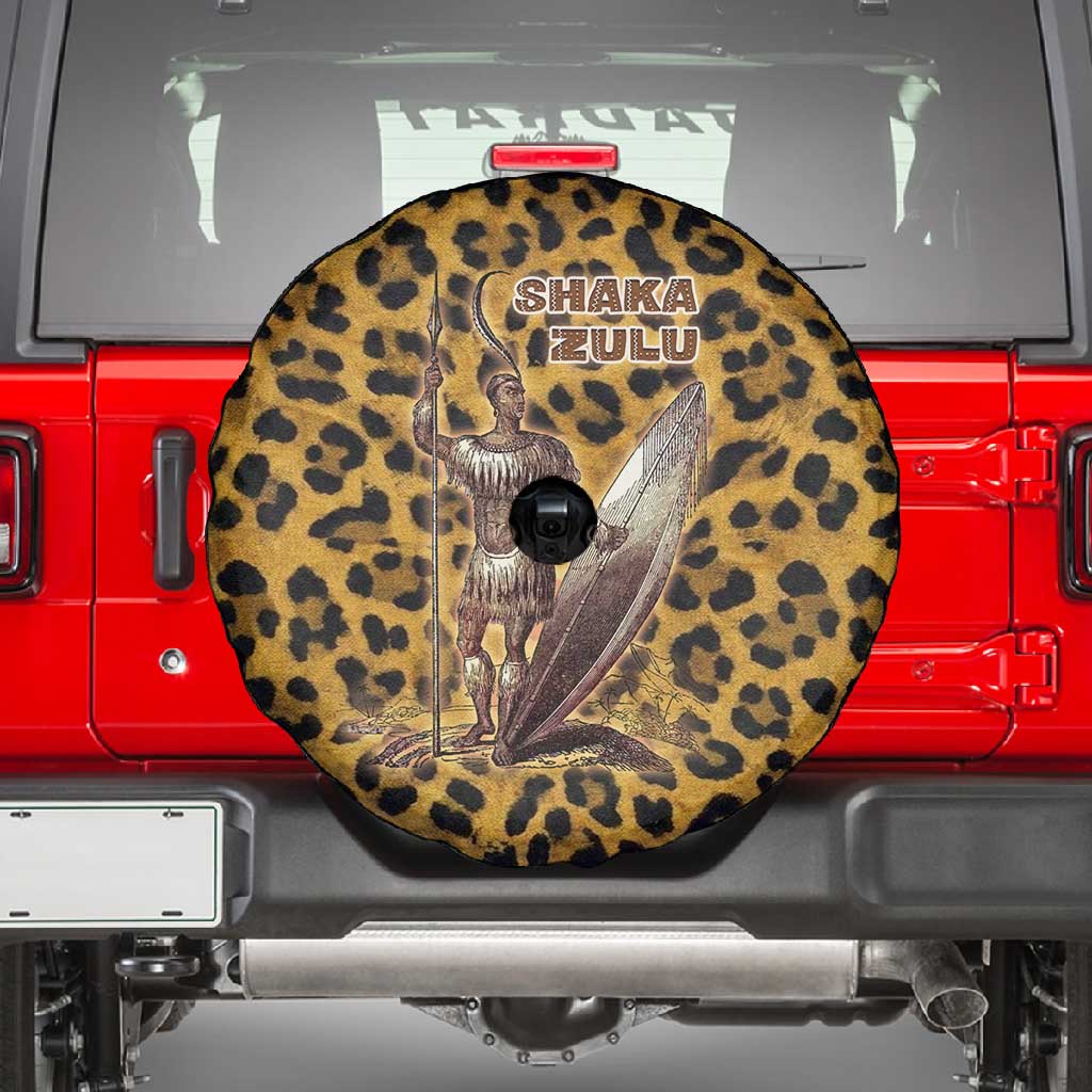 Shaka Zulu Spare Tire Cover Leopard Print Design Traditional Warrior Spear and Shield Illustration Tribal King - African Pride