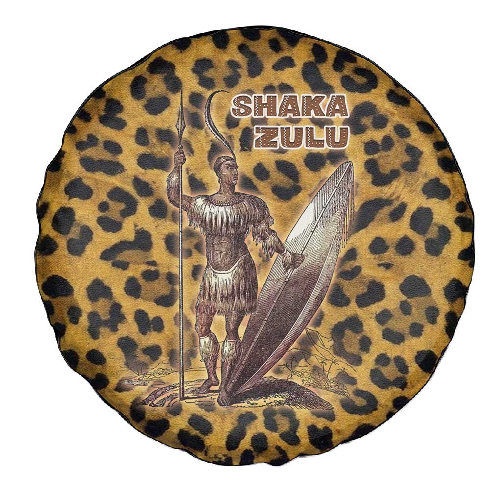 Shaka Zulu Spare Tire Cover Leopard Print Design Traditional Warrior Spear and Shield Illustration Tribal King - African Pride