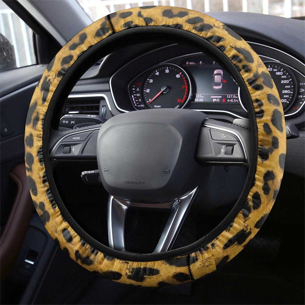 Shaka Zulu Steering Wheel Cover Leopard Print Design Traditional Warrior Spear and Shield Illustration Tribal King - African Pride