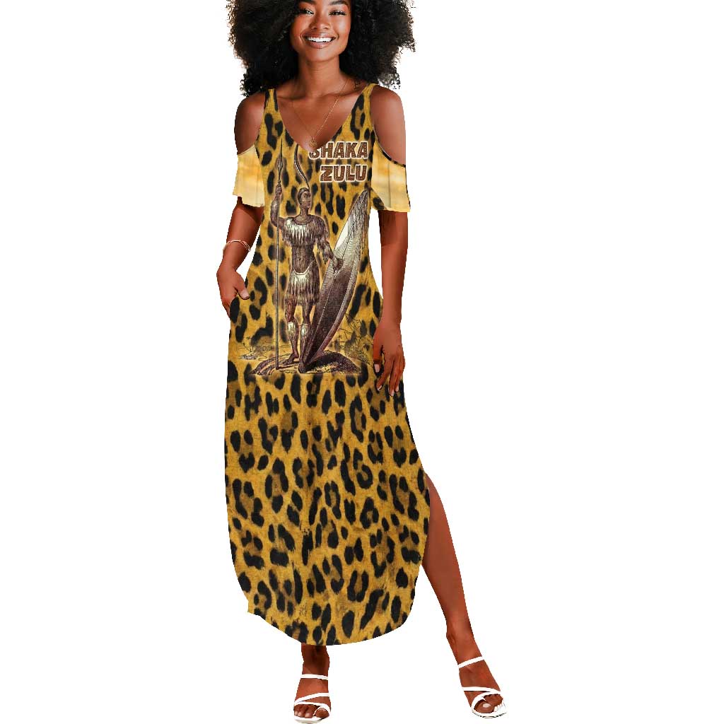 Shaka Zulu Summer Maxi Dress Leopard Print Design Traditional Warrior Spear and Shield Illustration Tribal King - African Pride