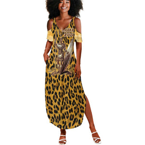Shaka Zulu Summer Maxi Dress Leopard Print Design Traditional Warrior Spear and Shield Illustration Tribal King - African Pride