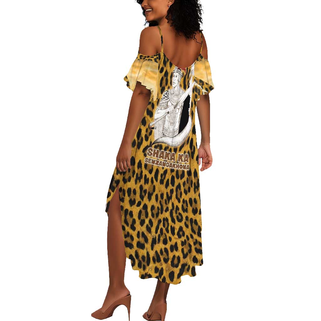 Shaka Zulu Summer Maxi Dress Leopard Print Design Traditional Warrior Spear and Shield Illustration Tribal King - African Pride