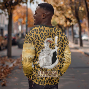 Shaka Zulu Sweatshirt Leopard Print Design Traditional Warrior Spear and Shield Illustration Tribal King - African Pride