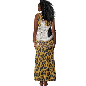 Shaka Zulu Tank Maxi Dress Leopard Print Design Traditional Warrior Spear and Shield Illustration Tribal King - African Pride