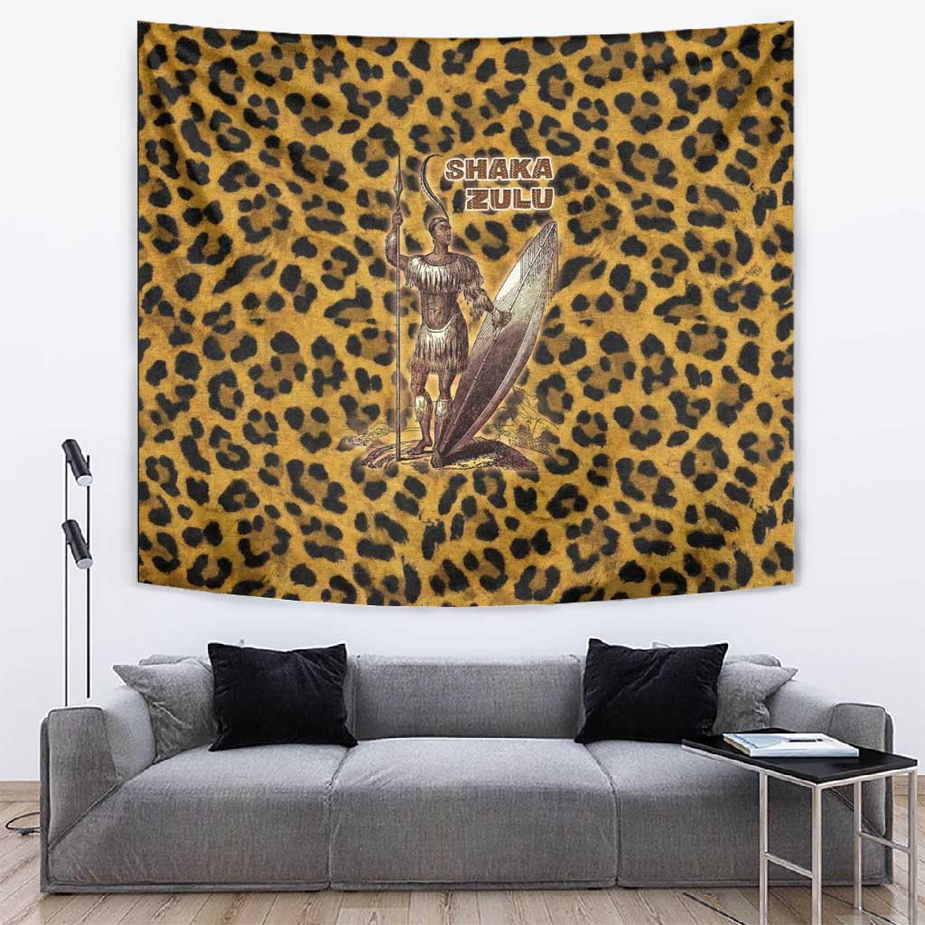 Shaka Zulu Tapestry Leopard Print Design Traditional Warrior Spear and Shield Illustration Tribal King - African Pride