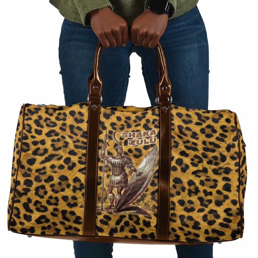 Shaka Zulu Travel Bag Leopard Print Design Traditional Warrior Spear and Shield Illustration Tribal King - African Pride