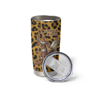 Shaka Zulu Tumbler Cup Leopard Print Design Traditional Warrior Spear and Shield Illustration Tribal King - African Pride