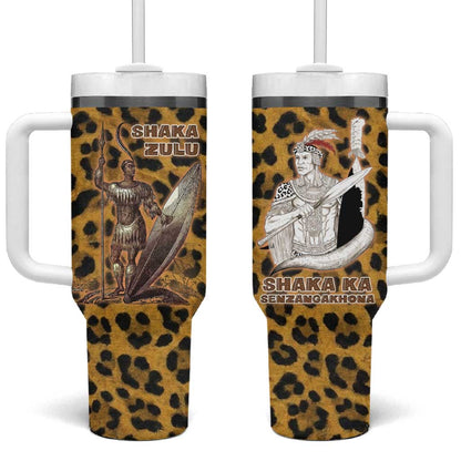 Shaka Zulu Tumbler With Handle Leopard Print Design Traditional Warrior Spear and Shield Illustration Tribal King - African Pride