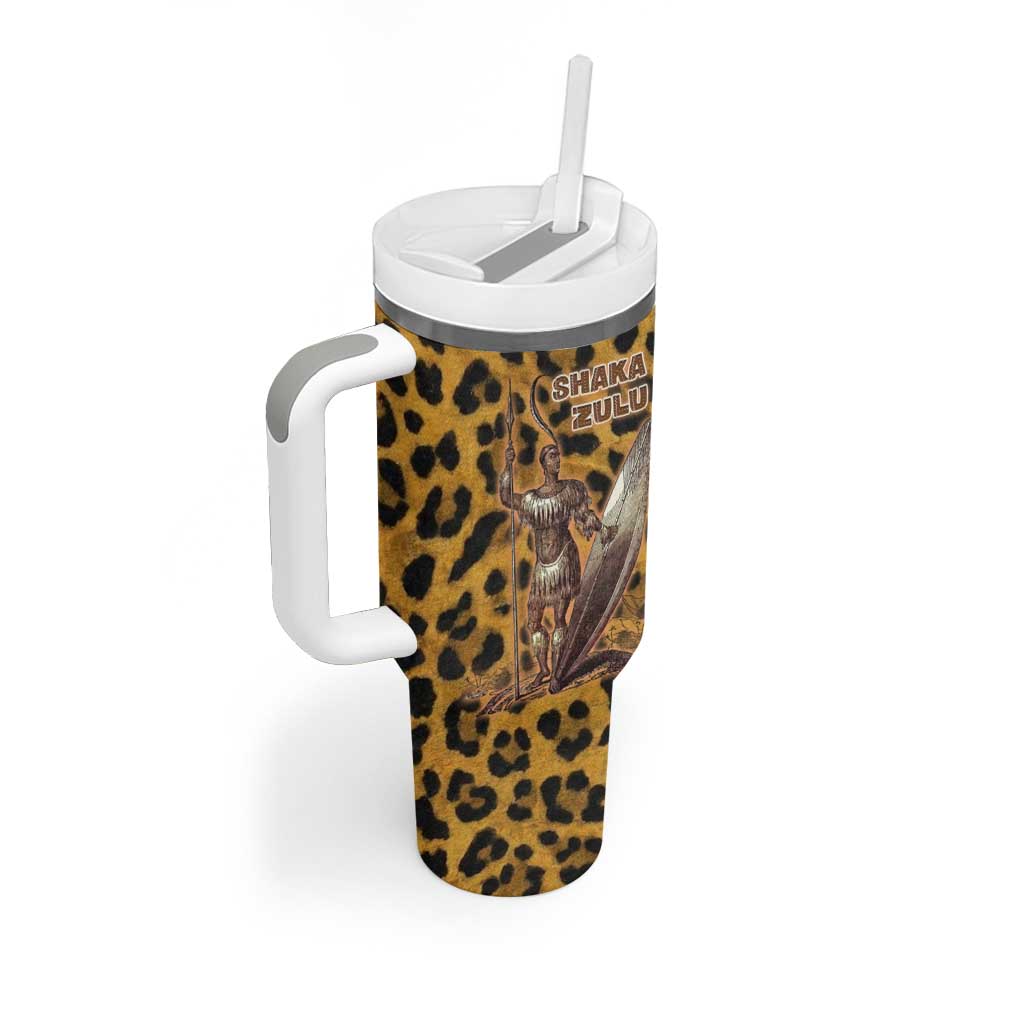 Shaka Zulu Tumbler With Handle Leopard Print Design Traditional Warrior Spear and Shield Illustration Tribal King - African Pride