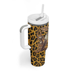 Shaka Zulu Tumbler With Handle Leopard Print Design Traditional Warrior Spear and Shield Illustration Tribal King - African Pride