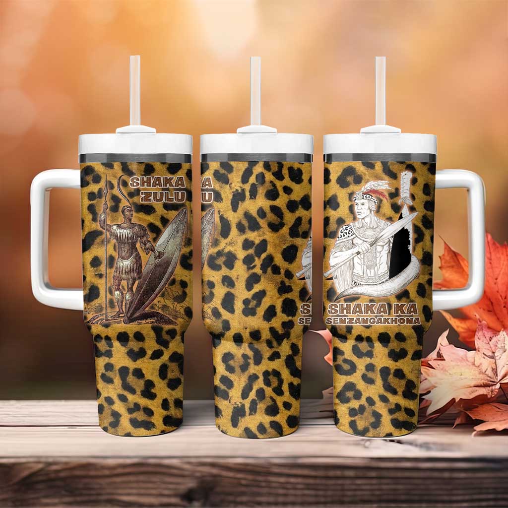 Shaka Zulu Tumbler With Handle Leopard Print Design Traditional Warrior Spear and Shield Illustration Tribal King - African Pride