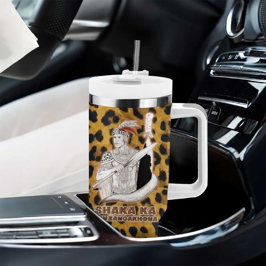 Shaka Zulu Tumbler With Handle Leopard Print Design Traditional Warrior Spear and Shield Illustration Tribal King - African Pride