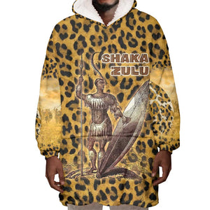 Shaka Zulu Wearable Blanket Hoodie Leopard Print Design Traditional Warrior Spear and Shield Illustration Tribal King - African Pride