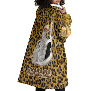 Shaka Zulu Wearable Blanket Hoodie Leopard Print Design Traditional Warrior Spear and Shield Illustration Tribal King - African Pride