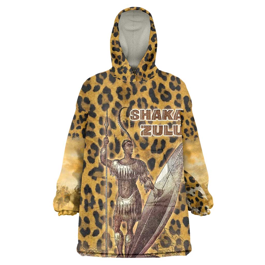 Shaka Zulu Wearable Blanket Hoodie Leopard Print Design Traditional Warrior Spear and Shield Illustration Tribal King - African Pride