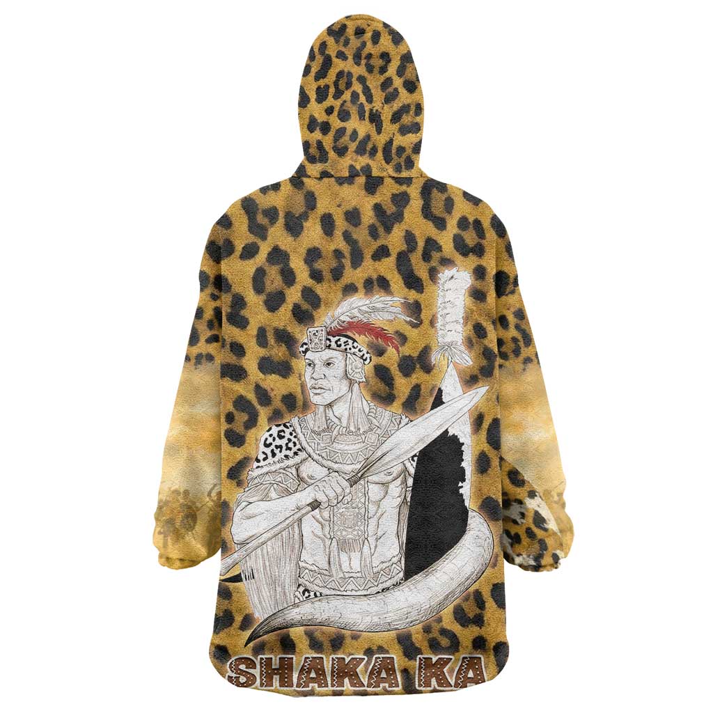 Shaka Zulu Wearable Blanket Hoodie Leopard Print Design Traditional Warrior Spear and Shield Illustration Tribal King - African Pride