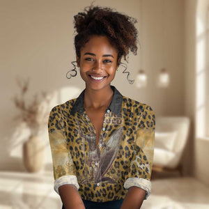 Shaka Zulu Women Casual Shirt Leopard Print Design Traditional Warrior Spear and Shield Illustration Tribal King - African Pride