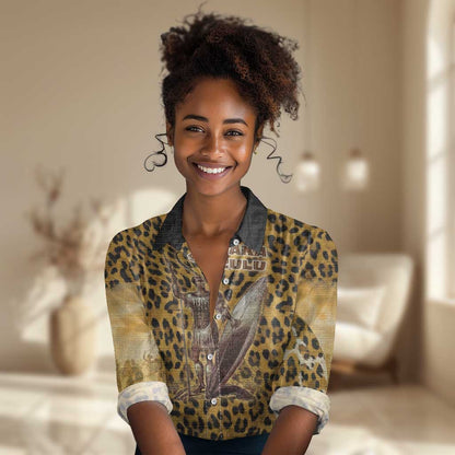 Shaka Zulu Women Casual Shirt Leopard Print Design Traditional Warrior Spear and Shield Illustration Tribal King - African Pride