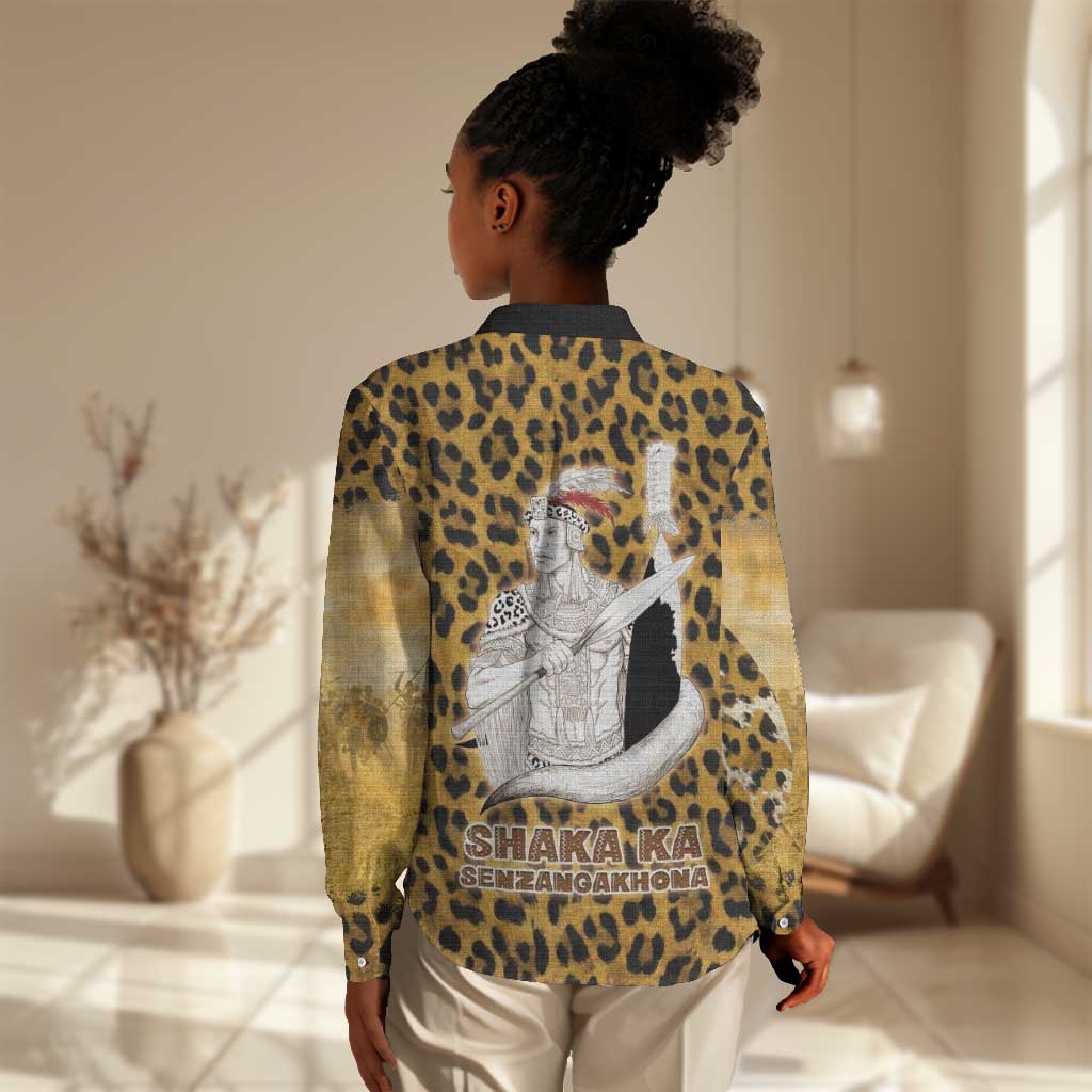 Shaka Zulu Women Casual Shirt Leopard Print Design Traditional Warrior Spear and Shield Illustration Tribal King - African Pride
