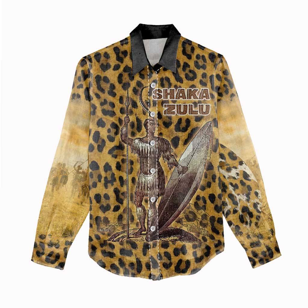 Shaka Zulu Women Casual Shirt Leopard Print Design Traditional Warrior Spear and Shield Illustration Tribal King - African Pride
