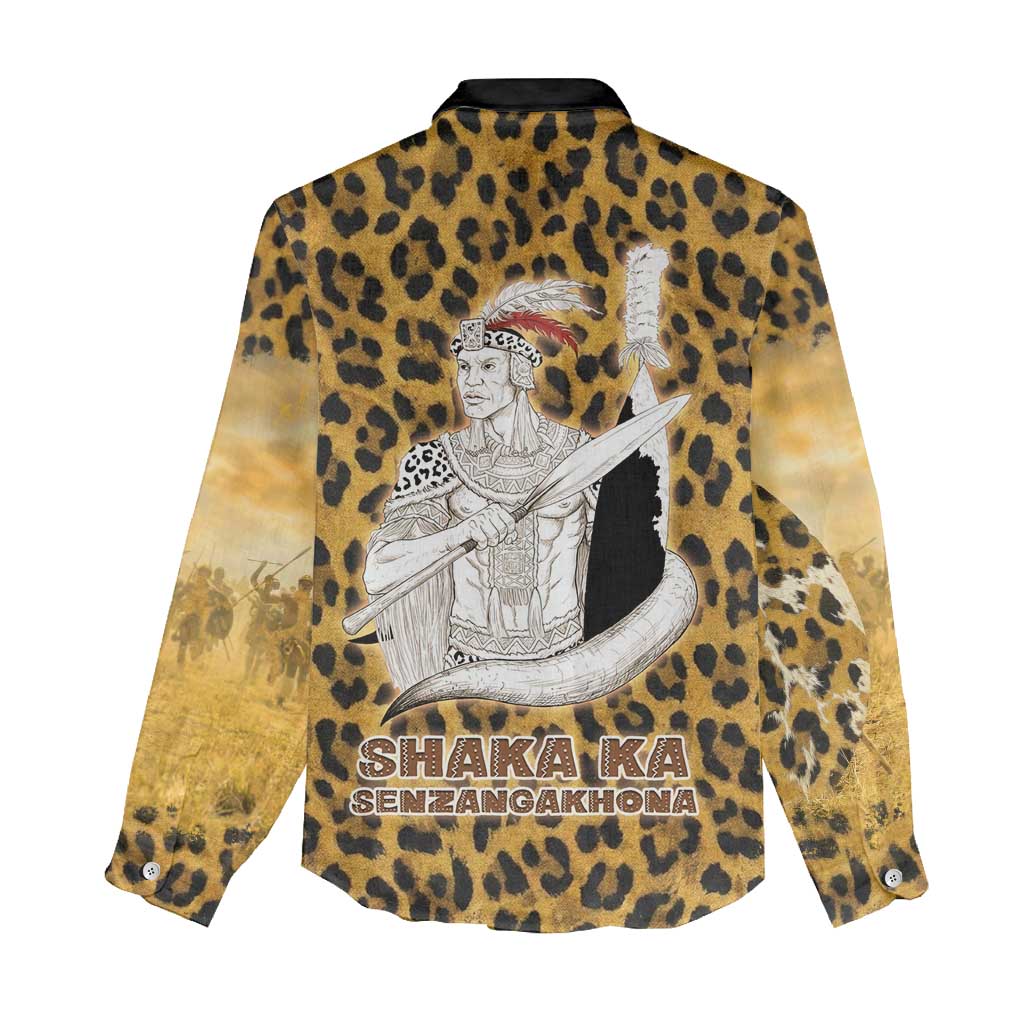 Shaka Zulu Women Casual Shirt Leopard Print Design Traditional Warrior Spear and Shield Illustration Tribal King - African Pride