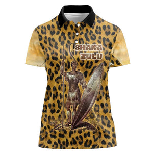 Shaka Zulu Women Polo Shirt Leopard Print Design Traditional Warrior Spear and Shield Illustration Tribal King - African Pride