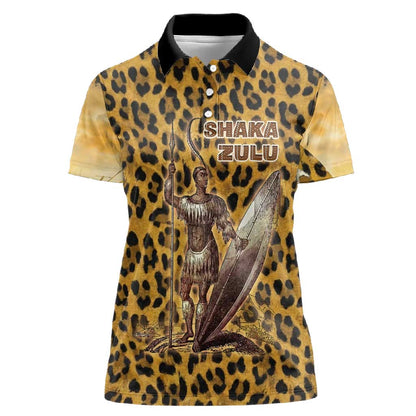Shaka Zulu Women Polo Shirt Leopard Print Design Traditional Warrior Spear and Shield Illustration Tribal King - African Pride