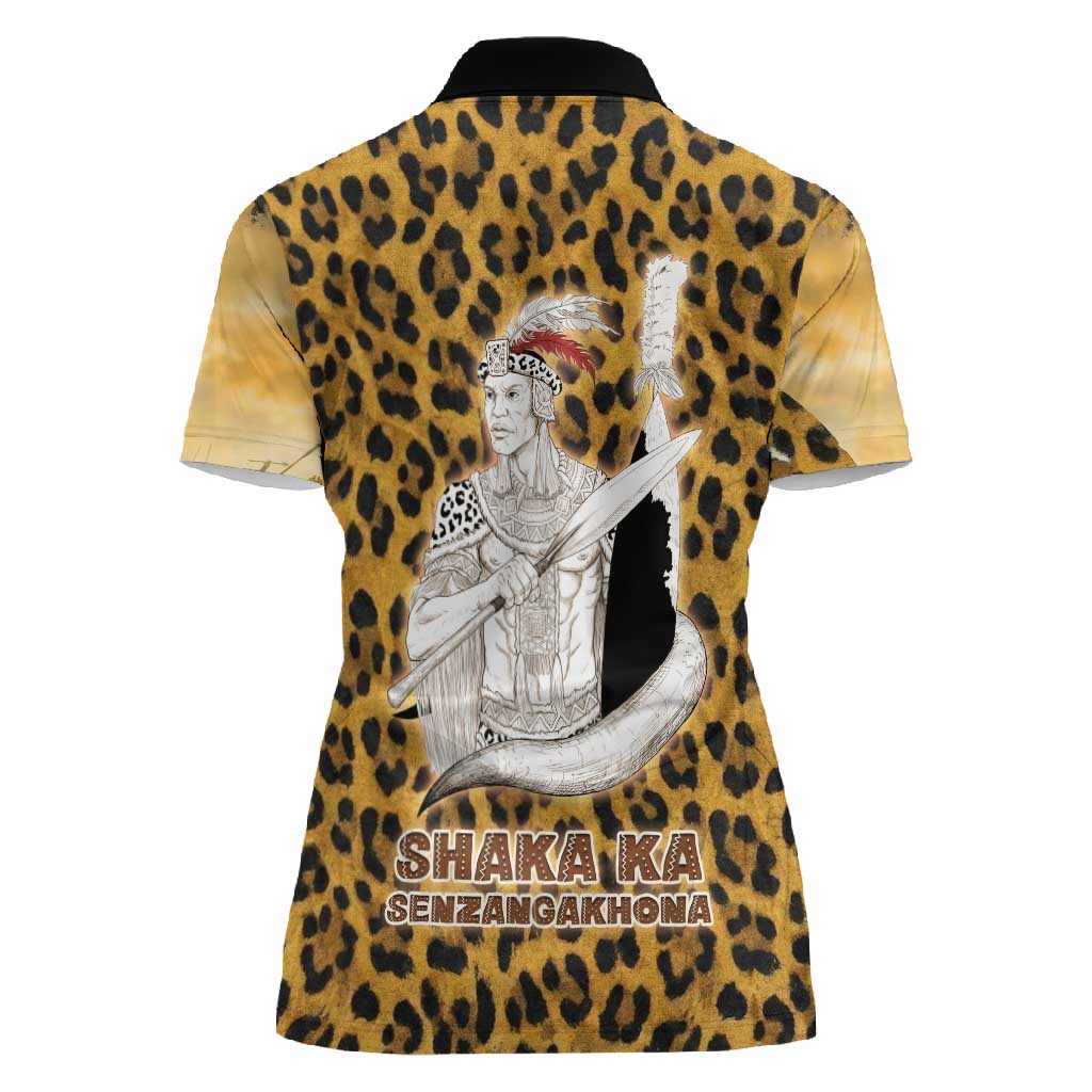 Shaka Zulu Women Polo Shirt Leopard Print Design Traditional Warrior Spear and Shield Illustration Tribal King - African Pride