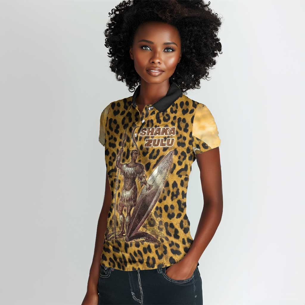Shaka Zulu Women Polo Shirt Leopard Print Design Traditional Warrior Spear and Shield Illustration Tribal King - African Pride