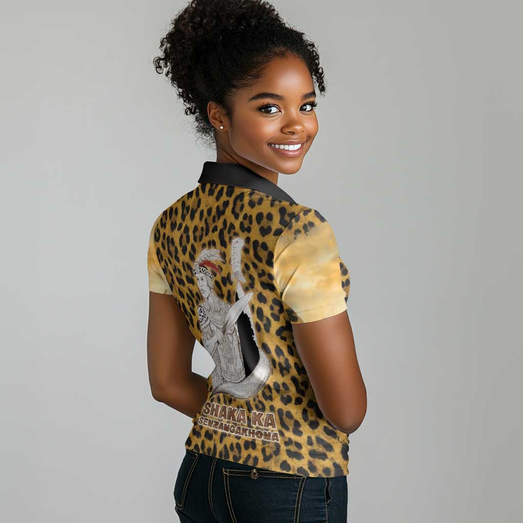 Shaka Zulu Women Polo Shirt Leopard Print Design Traditional Warrior Spear and Shield Illustration Tribal King - African Pride