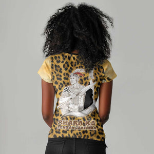 Shaka Zulu Women V-Neck T-Shirt Leopard Print Design Traditional Warrior Spear and Shield Illustration Tribal King - African Pride
