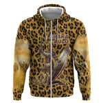 Shaka Zulu Zip Hoodie Leopard Print Design Traditional Warrior Spear and Shield Illustration Tribal King - African Pride