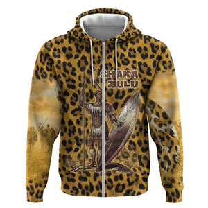 Shaka Zulu Zip Hoodie Leopard Print Design Traditional Warrior Spear and Shield Illustration Tribal King - African Pride