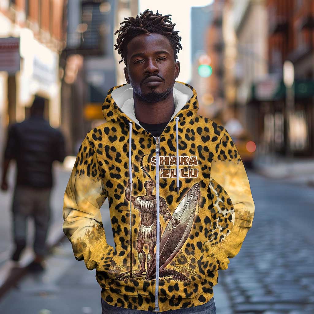 Shaka Zulu Zip Hoodie Leopard Print Design Traditional Warrior Spear and Shield Illustration Tribal King - African Pride
