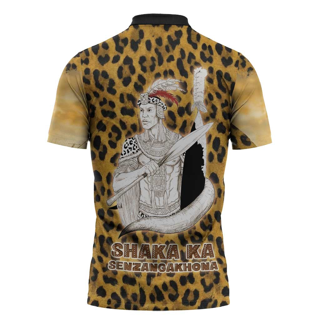 Shaka Zulu Zipper Polo Shirt Leopard Print Design Traditional Warrior Spear and Shield Illustration Tribal King - African Pride
