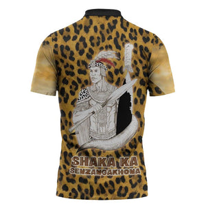 Shaka Zulu Zipper Polo Shirt Leopard Print Design Traditional Warrior Spear and Shield Illustration Tribal King - African Pride