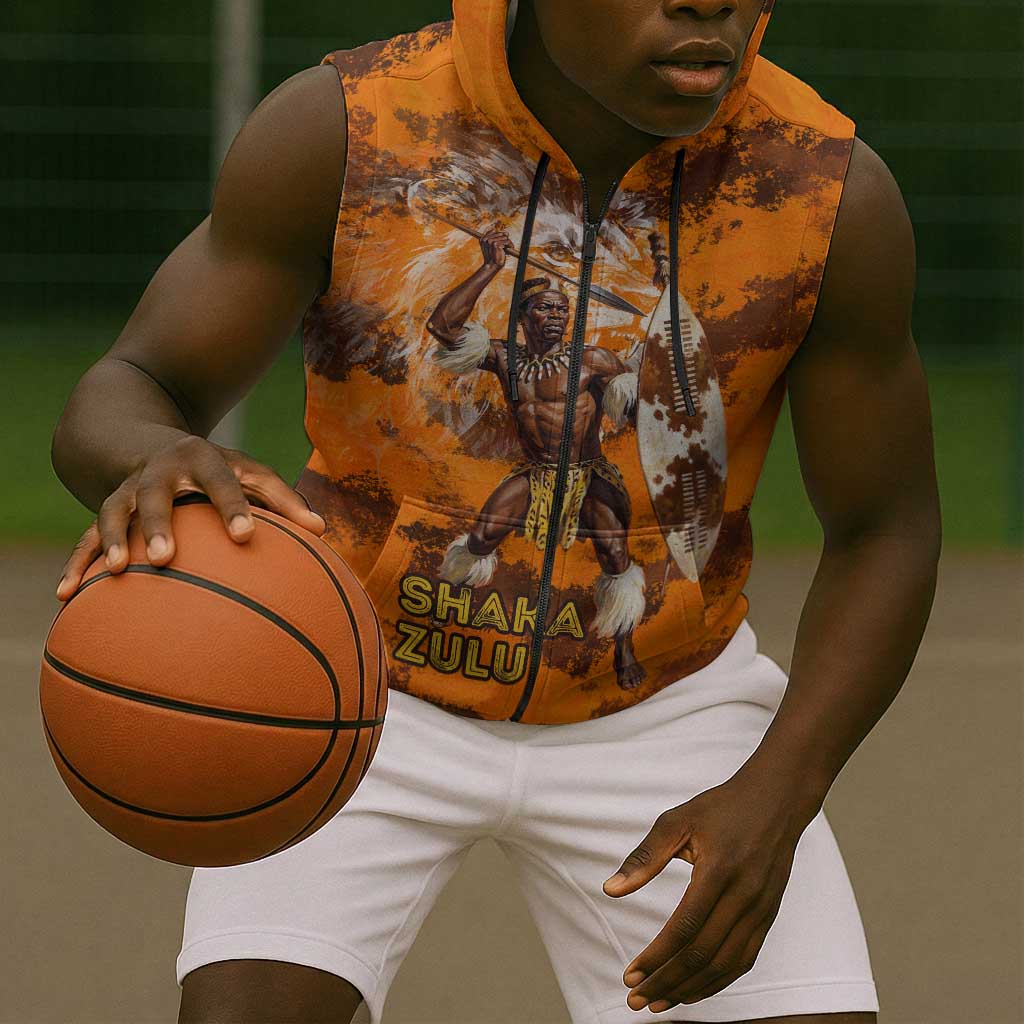 Shaka Zulu Sleeveless Zip Hoodie Warrior Fiery Roaring Lion - Never Retreat Never Surrender African Strength and Courage - African Pride