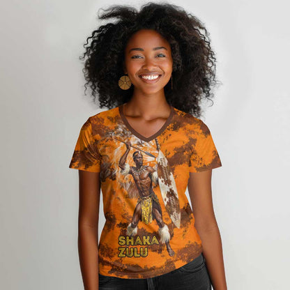 Shaka Zulu Women V-Neck T-Shirt Warrior Fiery Roaring Lion - Never Retreat Never Surrender African Strength and Courage - African Pride