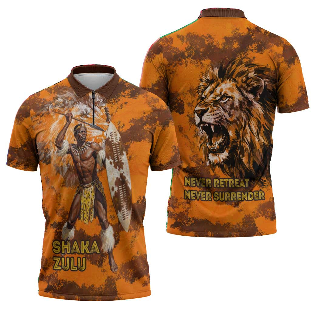 Shaka Zulu Zipper Polo Shirt Warrior Fiery Roaring Lion - Never Retreat Never Surrender African Strength and Courage - African Pride