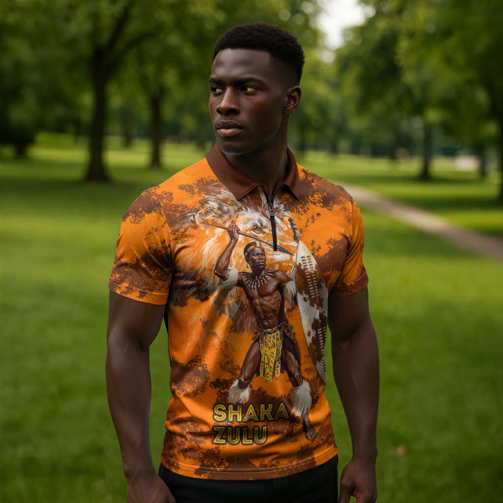 Shaka Zulu Zipper Polo Shirt Warrior Fiery Roaring Lion - Never Retreat Never Surrender African Strength and Courage - African Pride